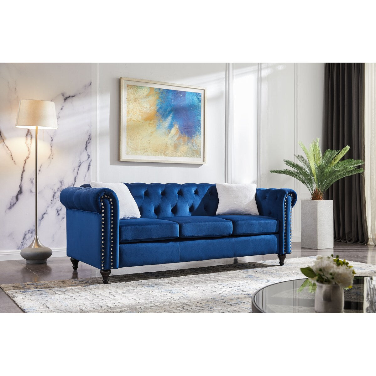 Classic 2 Piece Living Room Sofa Set, Including 3-Seater Sofa and Loveseat, with Button and Copper Nail on Arms and Back