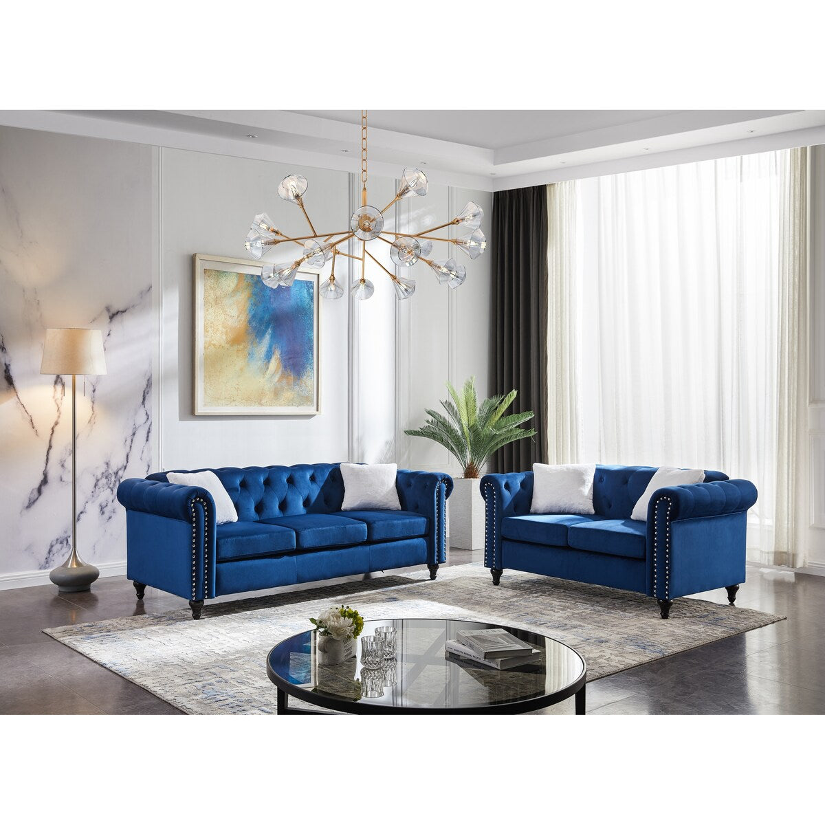 Classic 2 Piece Living Room Sofa Set, Including 3-Seater Sofa and Loveseat, with Button and Copper Nail on Arms and Back
