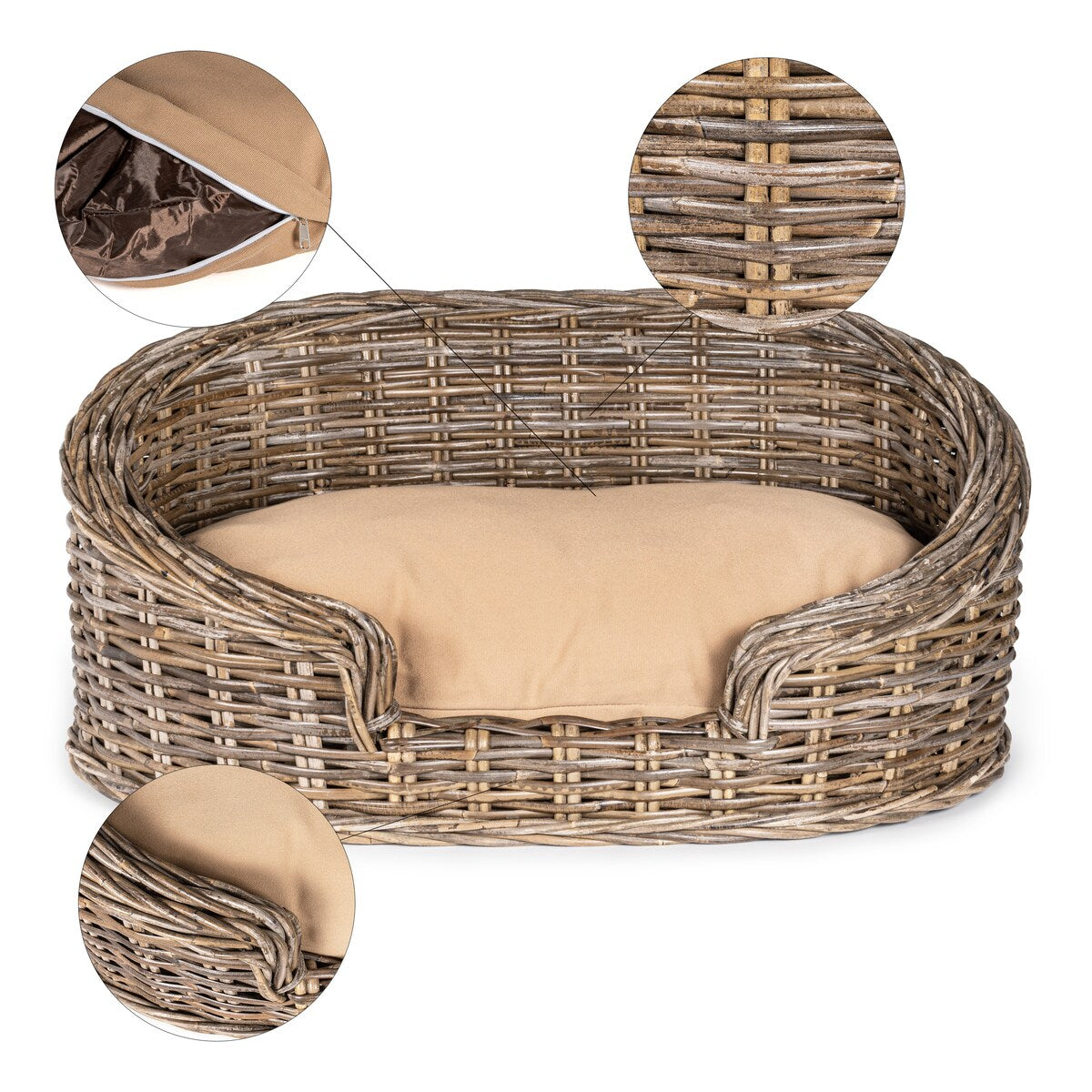 Classic 27.5" x 18" Mediterranean Handwoven Rattan Dog Daybed with Machine-Washable Cushion, Kubu Gray