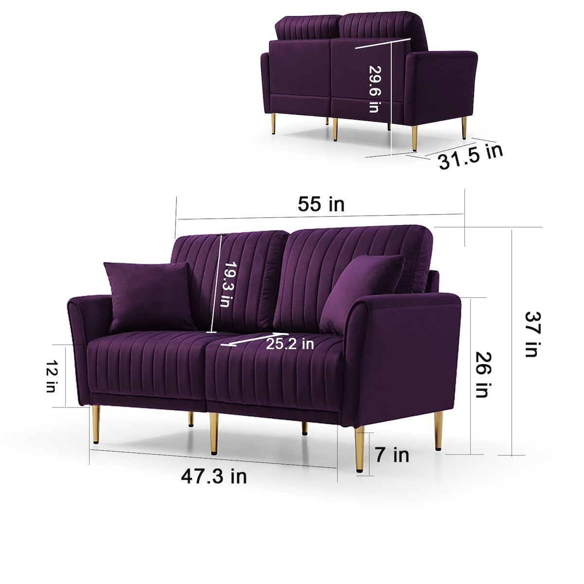 Classic Clean-lined Style Loveseat Sofa Velvet 2-seater Sofa