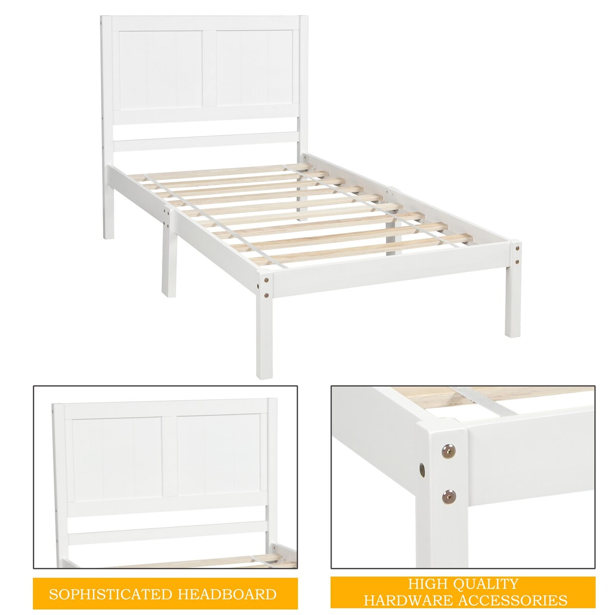 Classic Design Twin Size Pine Wood Platform Bed with Headboard & Wood Slats for Support , No Box Spring Needed