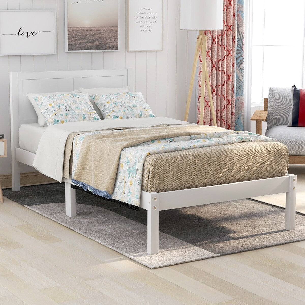Classic Design Twin Size Pine Wood Platform Bed with Headboard & Wood Slats for Support , No Box Spring Needed