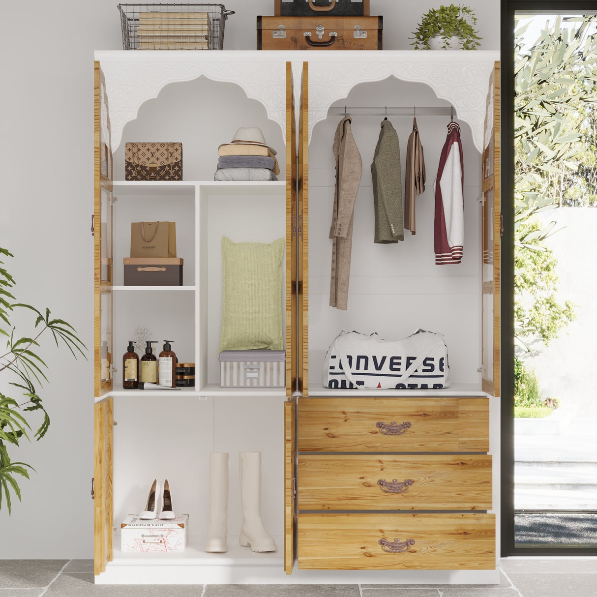 Classic Elegance Armoire Expandable Rustic Wardrobe with Glass Door