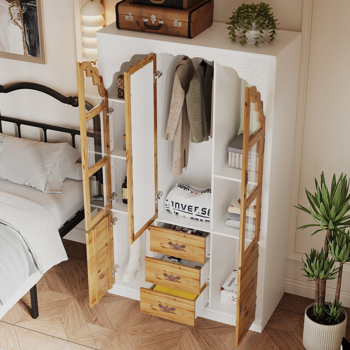 Classic Elegance Armoire Expandable Rustic Wardrobe with Glass Door