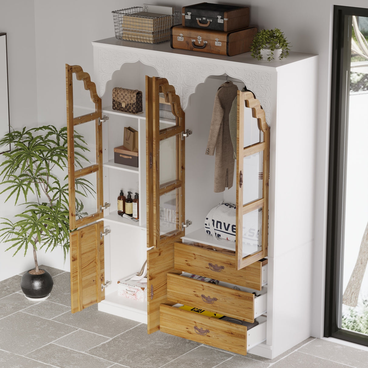 Classic Elegance Armoire Expandable Rustic Wardrobe with Glass Door