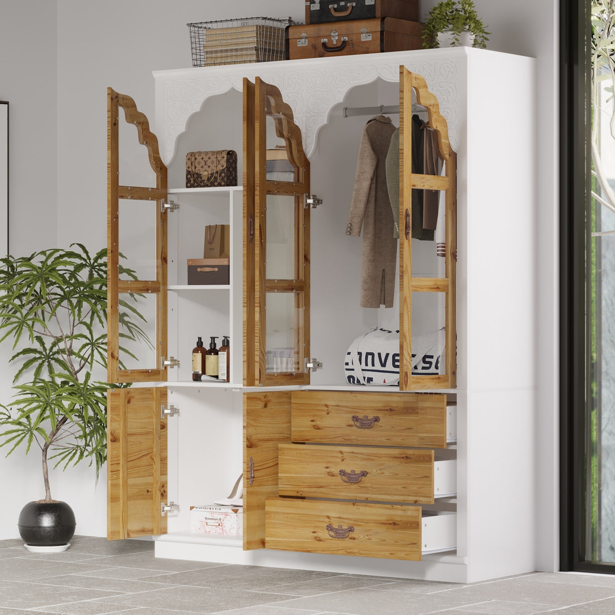 Classic Elegance Armoire Expandable Rustic Wardrobe with Glass Door