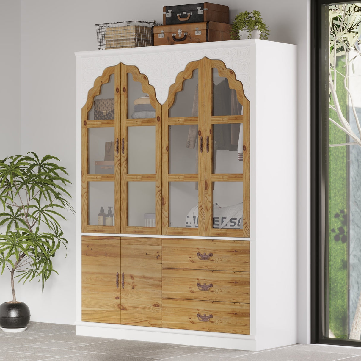 Classic Elegance Armoire Expandable Rustic Wardrobe with Glass Door