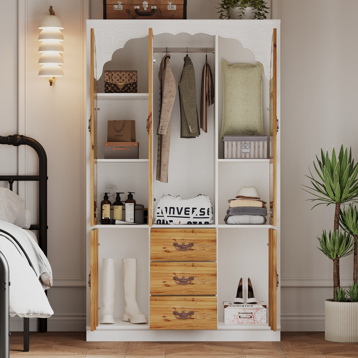 Classic Elegance Armoire Expandable Rustic Wardrobe with Glass Door