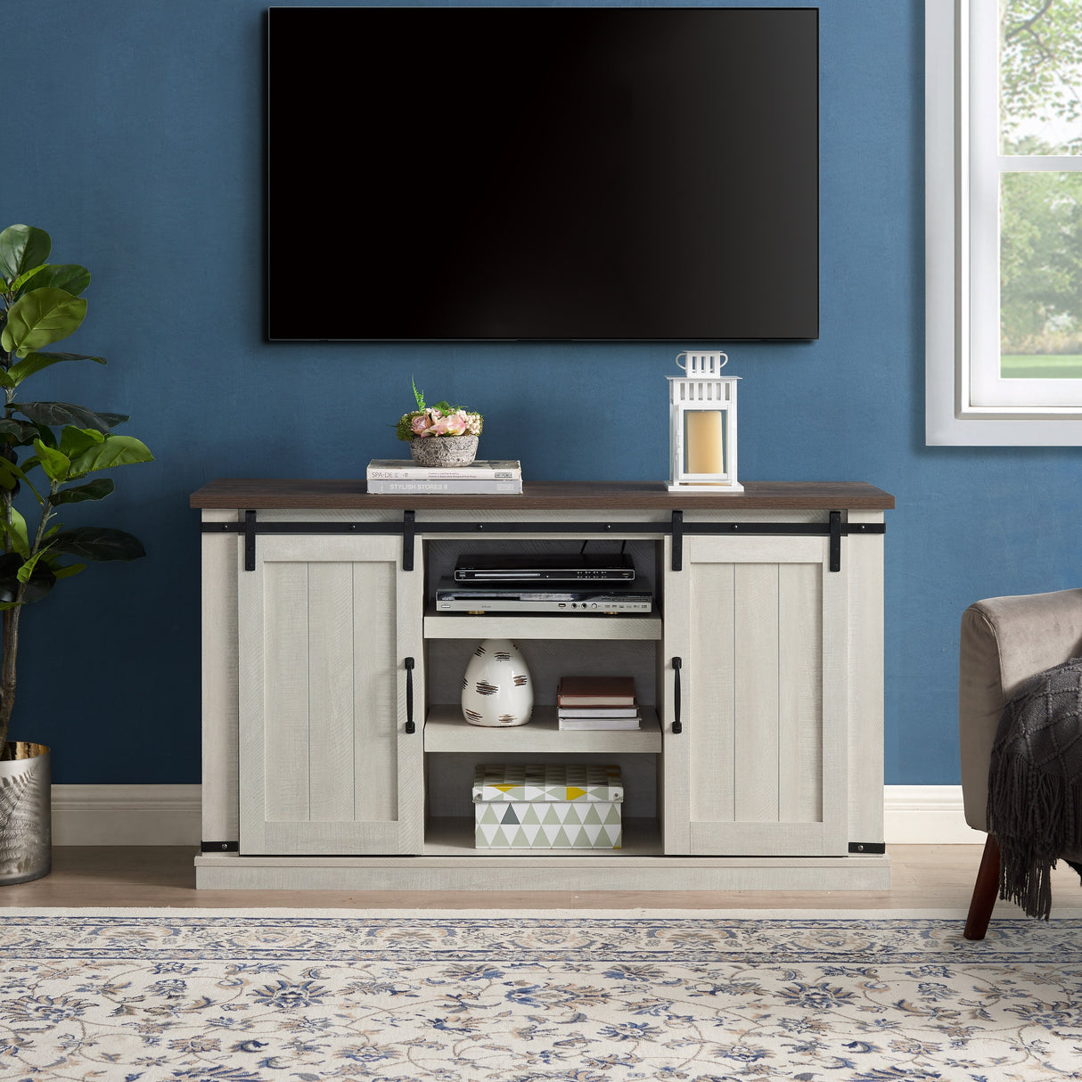 Classic Farmhouse TV Stand with Sliding Doors and Open Storage - 15.75 x 54.50 x 30.50