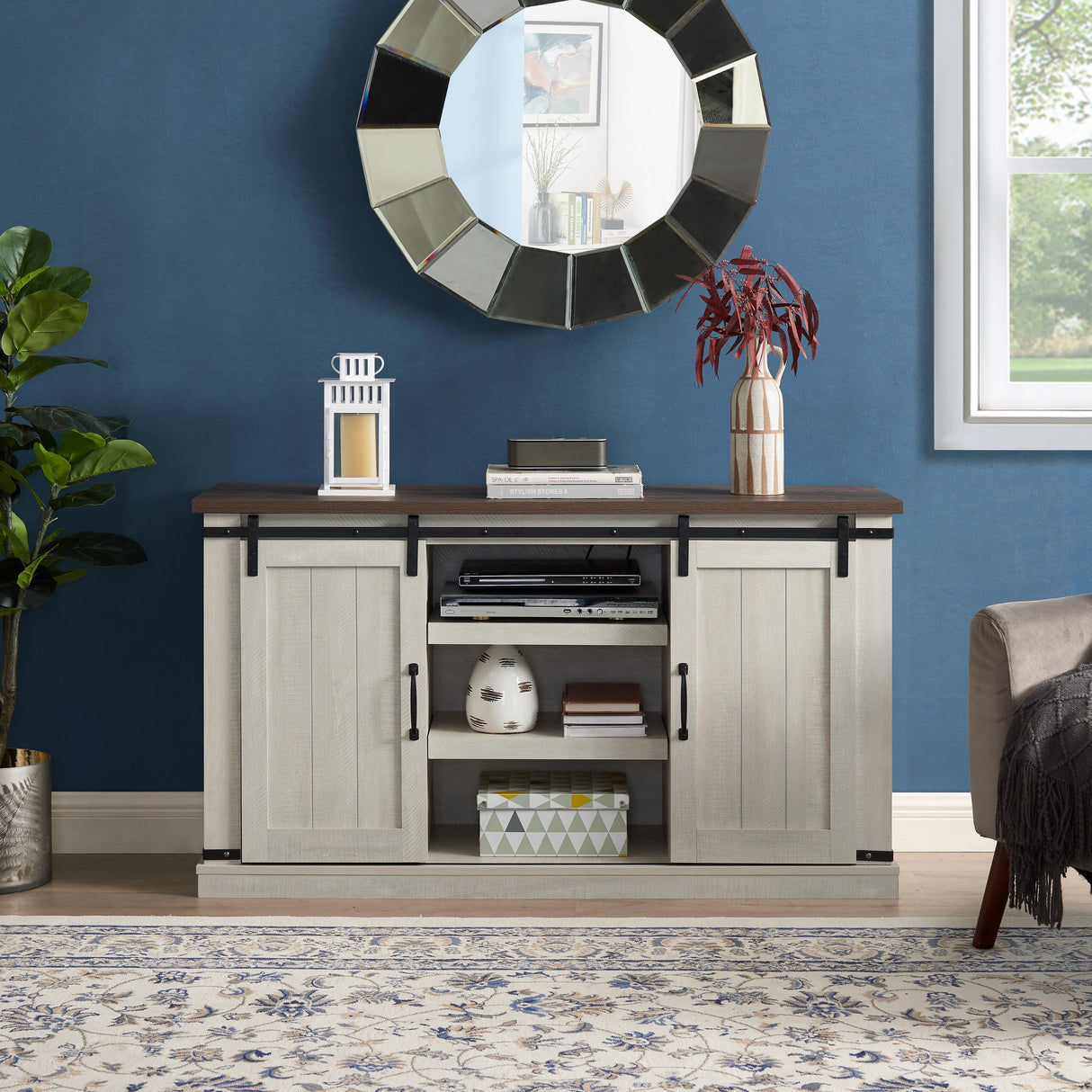 Classic Farmhouse TV Stand with Sliding Doors and Open Storage - 15.75 x 54.50 x 30.50
