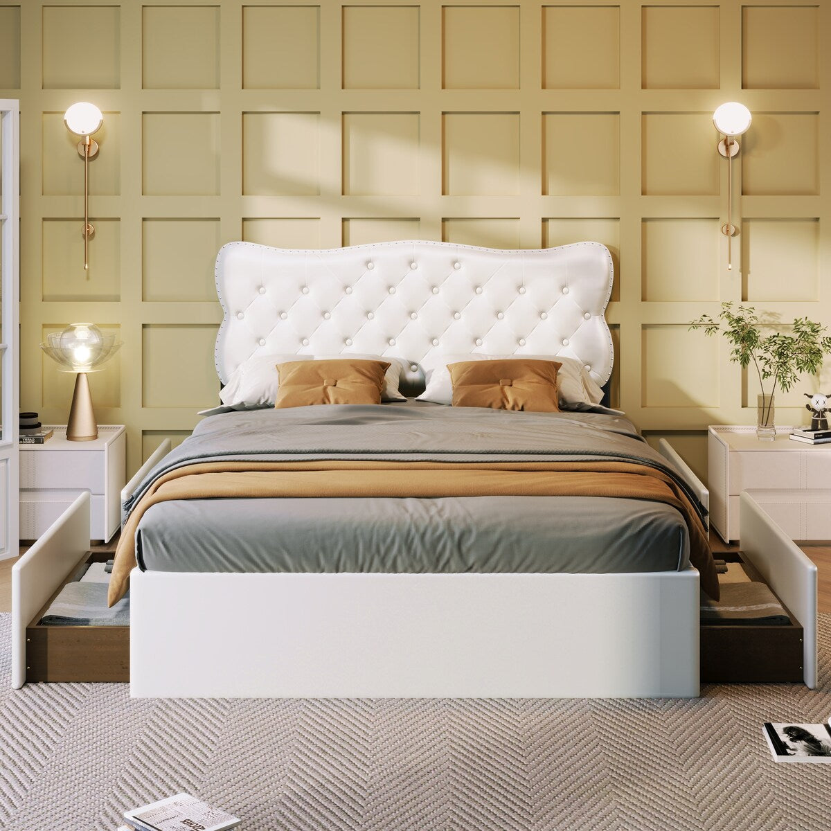 Classic Faux Leather Bed Frame Storage Platform Bed-Full, White