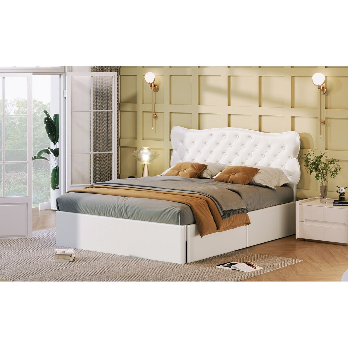 Classic Faux Leather Bed Frame Storage Platform Bed-Full, White