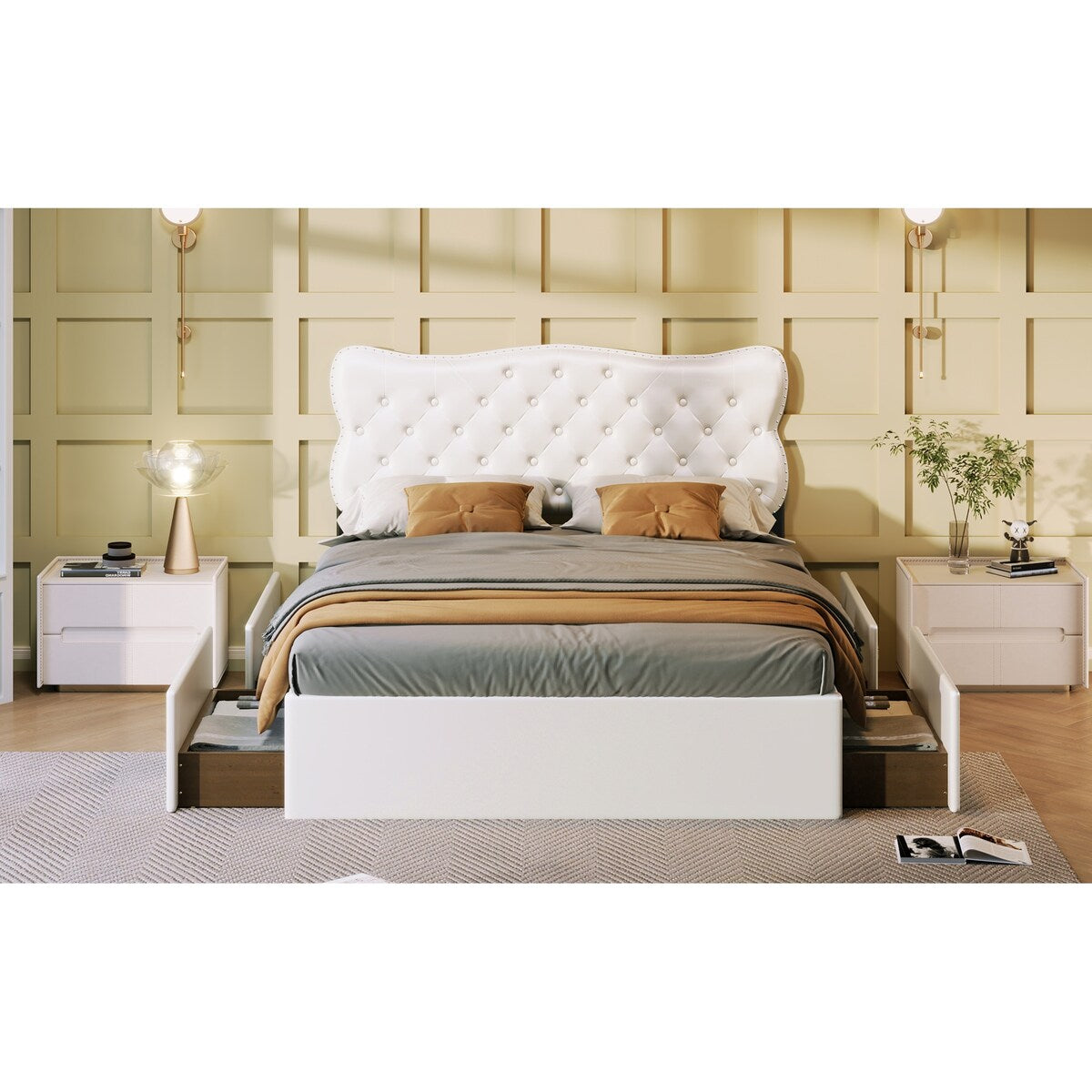 Classic Faux Leather Bed Frame Storage Platform Bed-Full, White