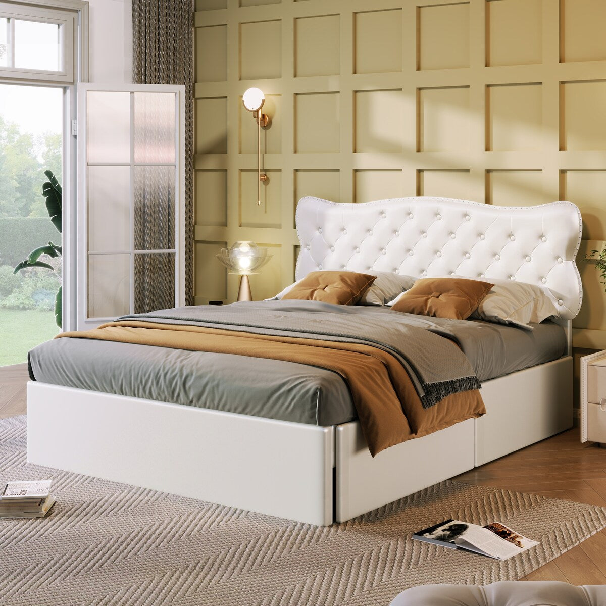 Classic Faux Leather Bed Frame Storage Platform Bed-Full, White
