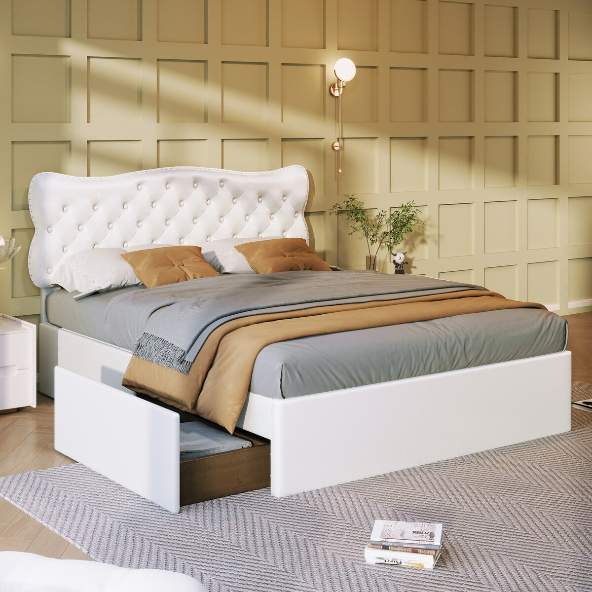 Classic Faux Leather Bed Frame Storage Platform Bed-Full, White