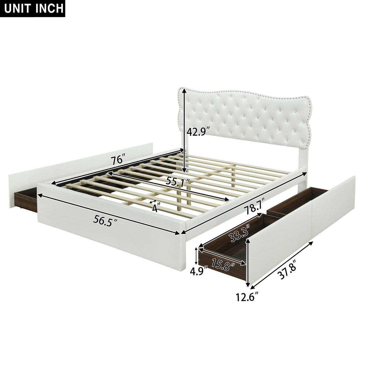 Classic Faux Leather Bed Frame Storage Platform Bed-Full, White