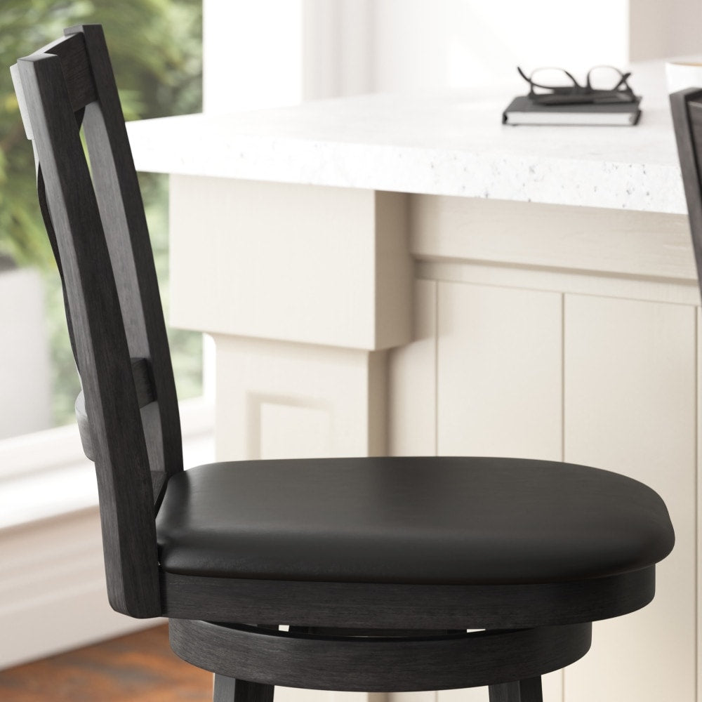 Modern Ladderback Wooden Upholstered Swivel Barstool