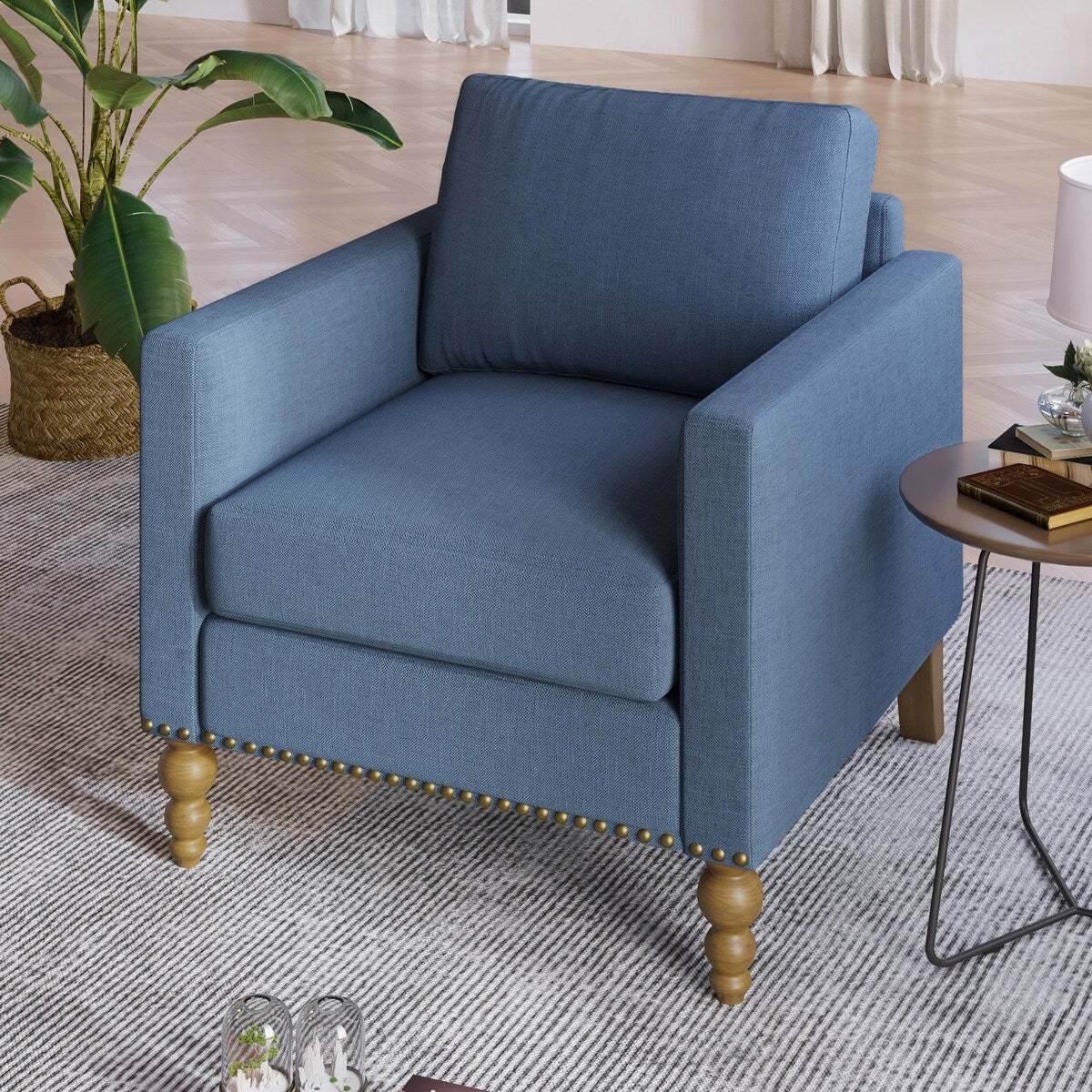 Classic Linen Armchair Accent Chair with Bronze Nailhead Trim Wooden Legs Single Sofa Couch for Living Room, Bedroom