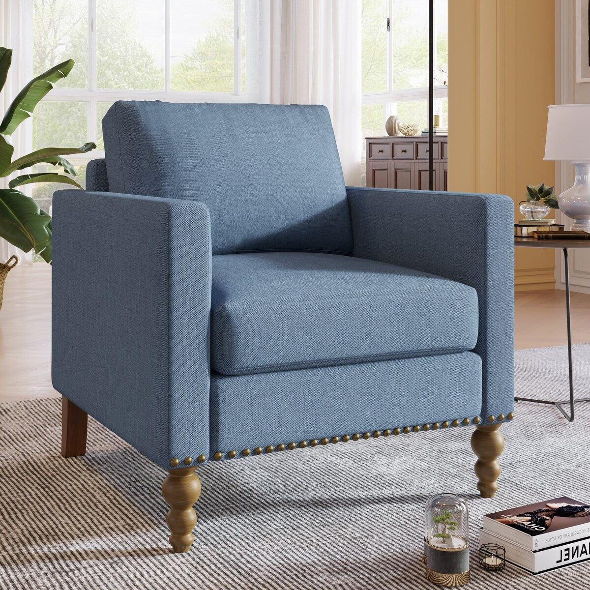 Classic Linen Armchair Accent Chair with Bronze Nailhead Trim Wooden Legs Single Sofa Couch for Living Room, Bedroom