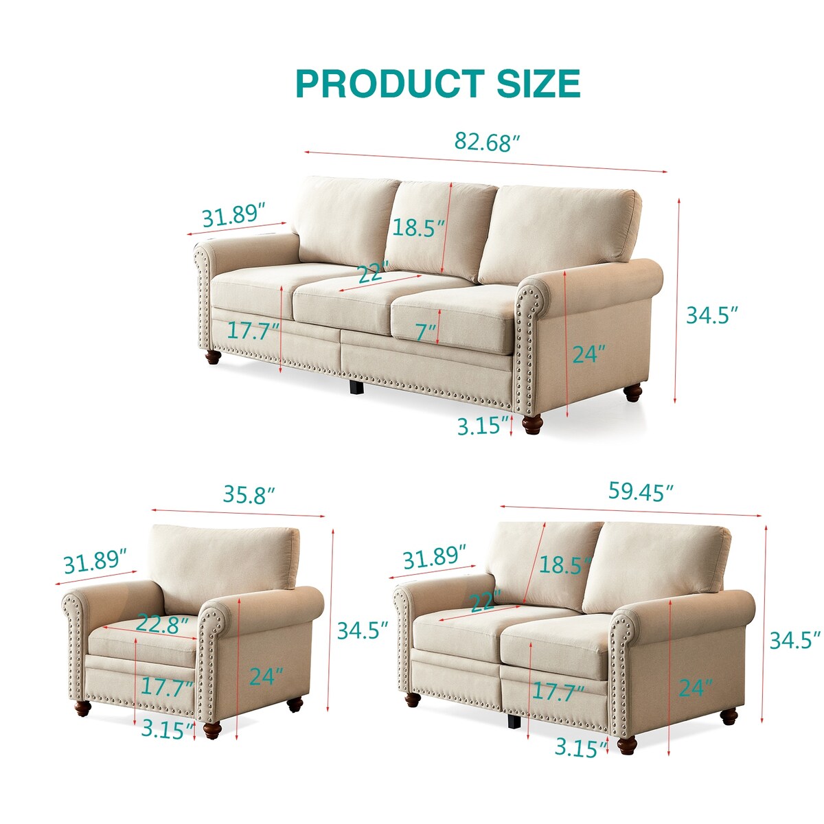 Classic Living Room Sofa 3-seat with Nails