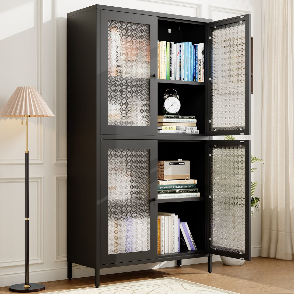 Classic Metal Storage Cabinet Display Cabinet with 4 Glass Doors 4 Shelves Cabinet Freestanding Bookcase Side Cabinet,Black