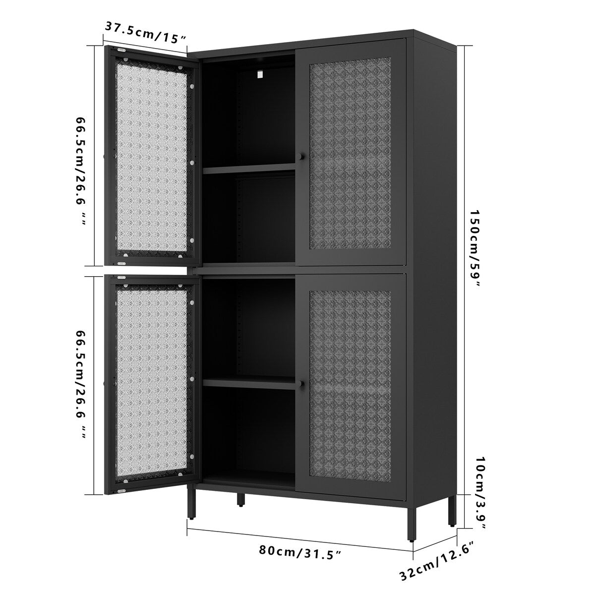 Classic Metal Storage Cabinet Display Cabinet with 4 Glass Doors 4 Shelves Cabinet Freestanding Bookcase Side Cabinet,Black
