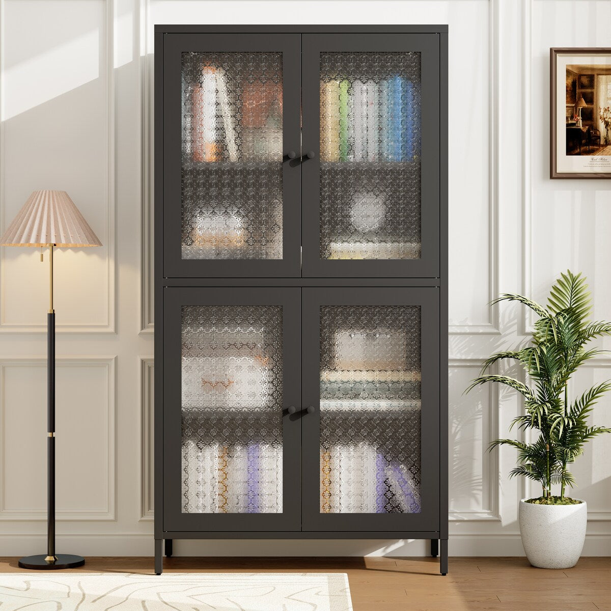 Classic Metal Storage Cabinet Display Cabinet with 4 Glass Doors 4 Shelves Cabinet Freestanding Bookcase Side Cabinet,Black