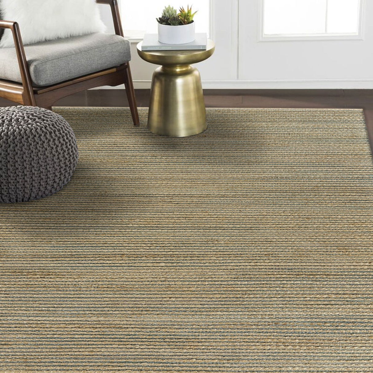 Sevita Organic Jute Woven Area Rug, Natural and Blue