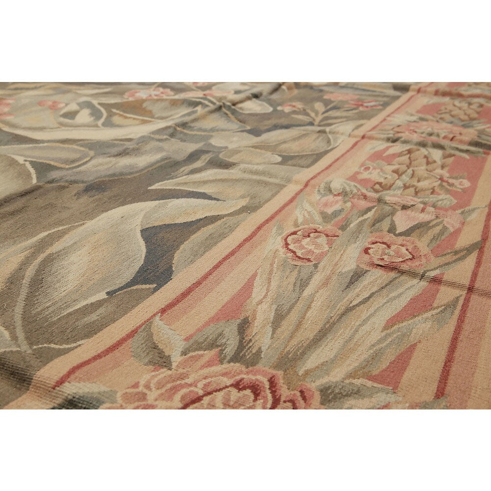 Classic Ornate Botanical Asmara Needlepoint Aubusson Rug - Olive/Tan - 10' x 14'