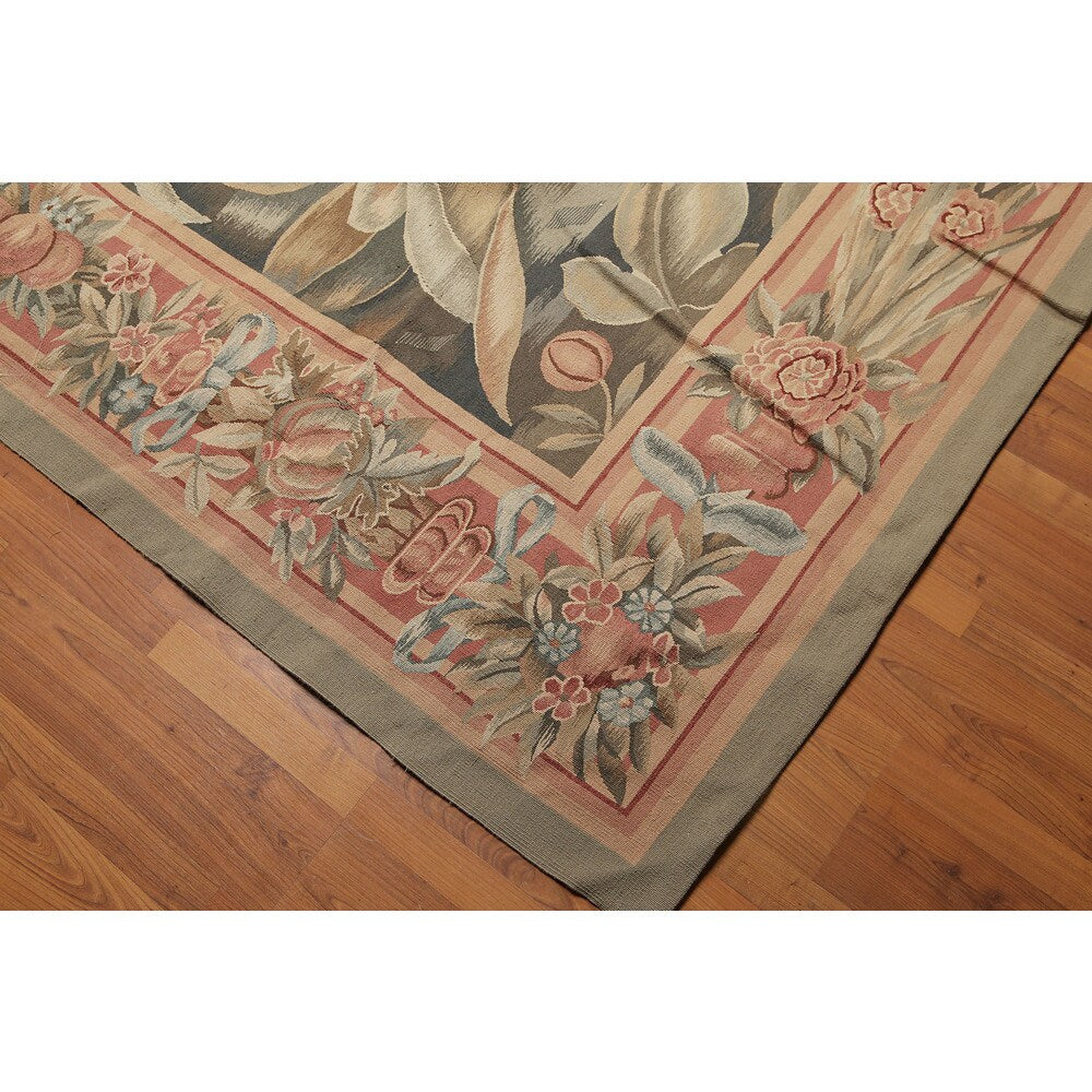 Classic Ornate Botanical Asmara Needlepoint Aubusson Rug - Olive/Tan - 10' x 14'