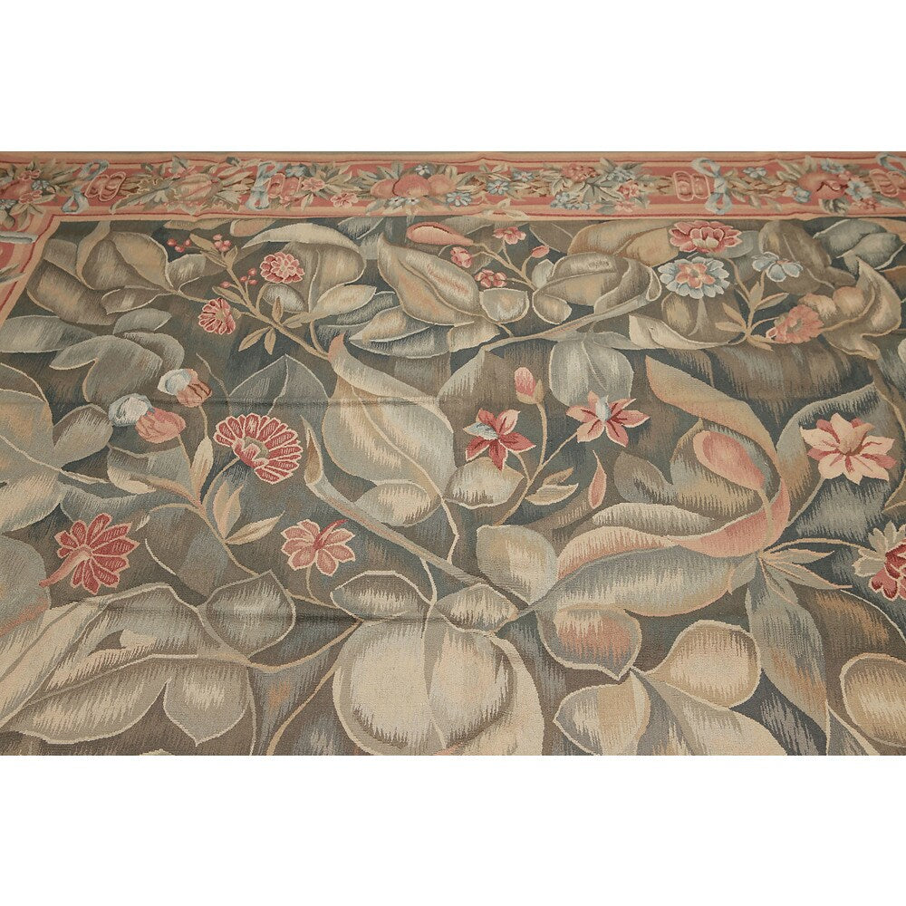 Classic Ornate Botanical Asmara Needlepoint Aubusson Rug - Olive/Tan - 10' x 14'