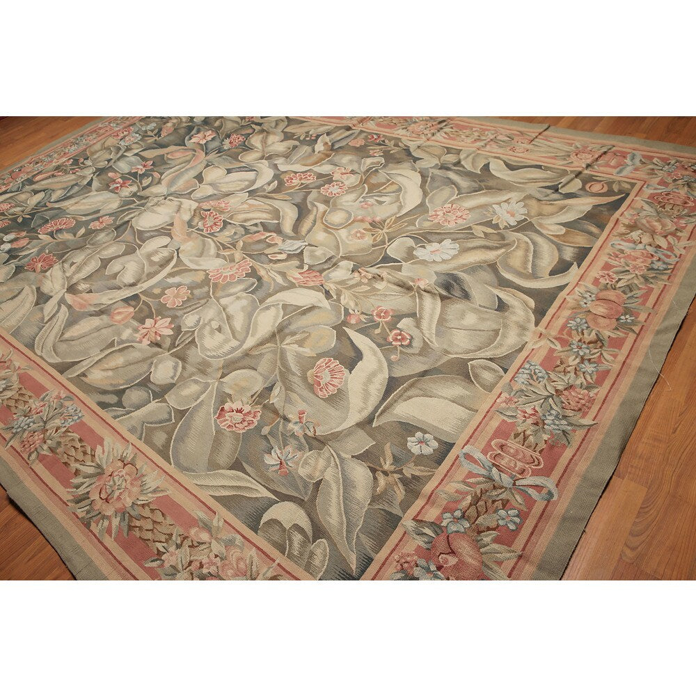 Classic Ornate Botanical Asmara Needlepoint Aubusson Rug - Olive/Tan - 10' x 14'