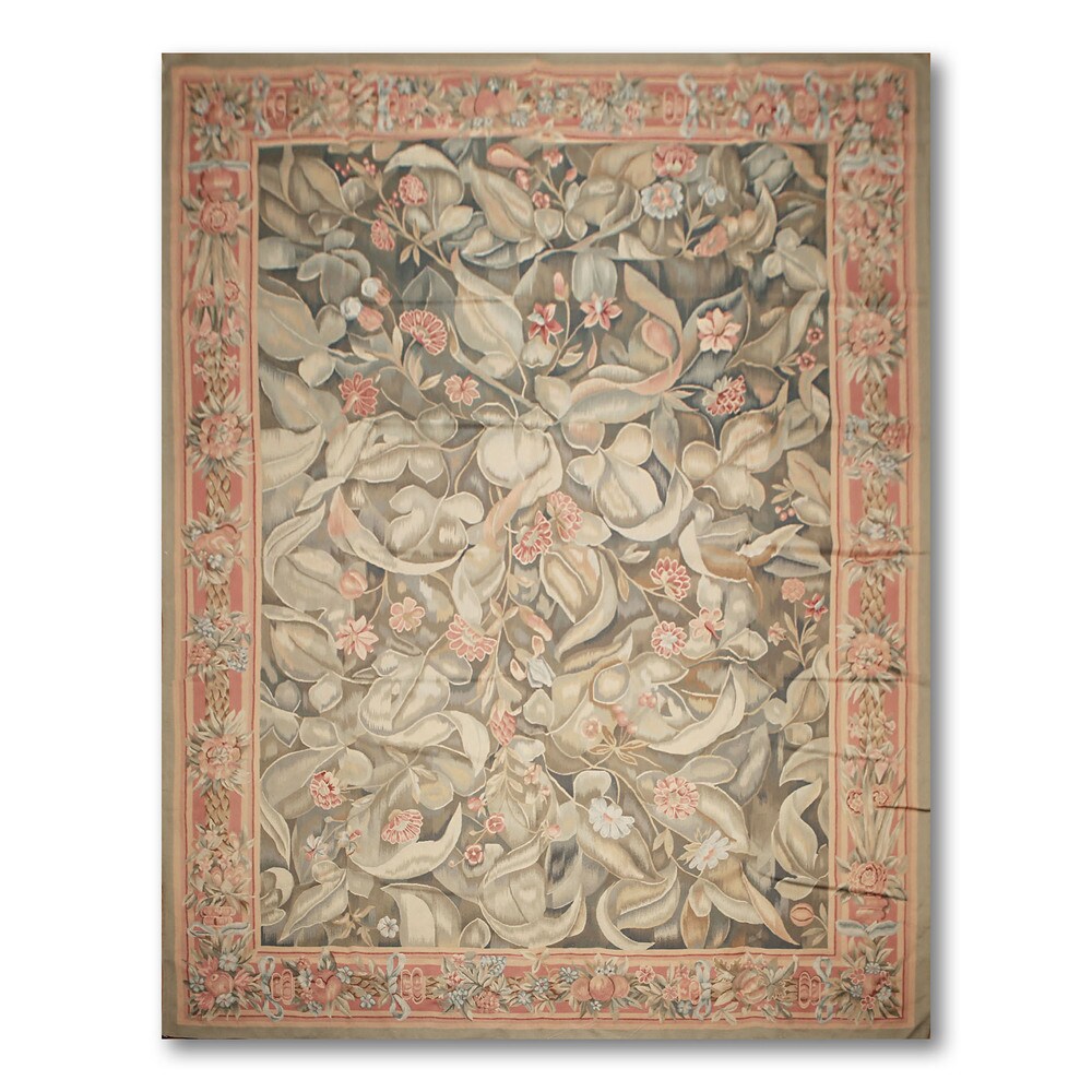Classic Ornate Botanical Asmara Needlepoint Aubusson Rug - Olive/Tan - 10' x 14'