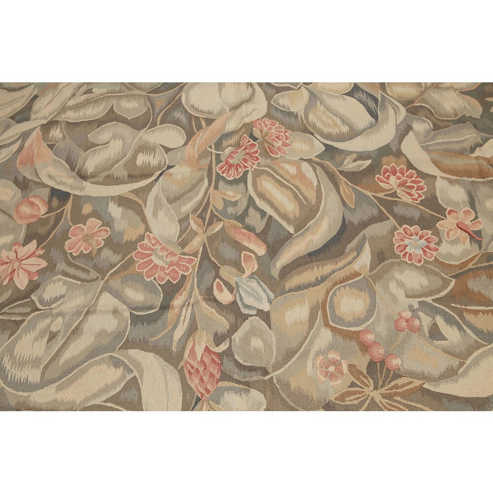 Classic Ornate Botanical Asmara Needlepoint Aubusson Rug - Olive/Tan - 10' x 14'