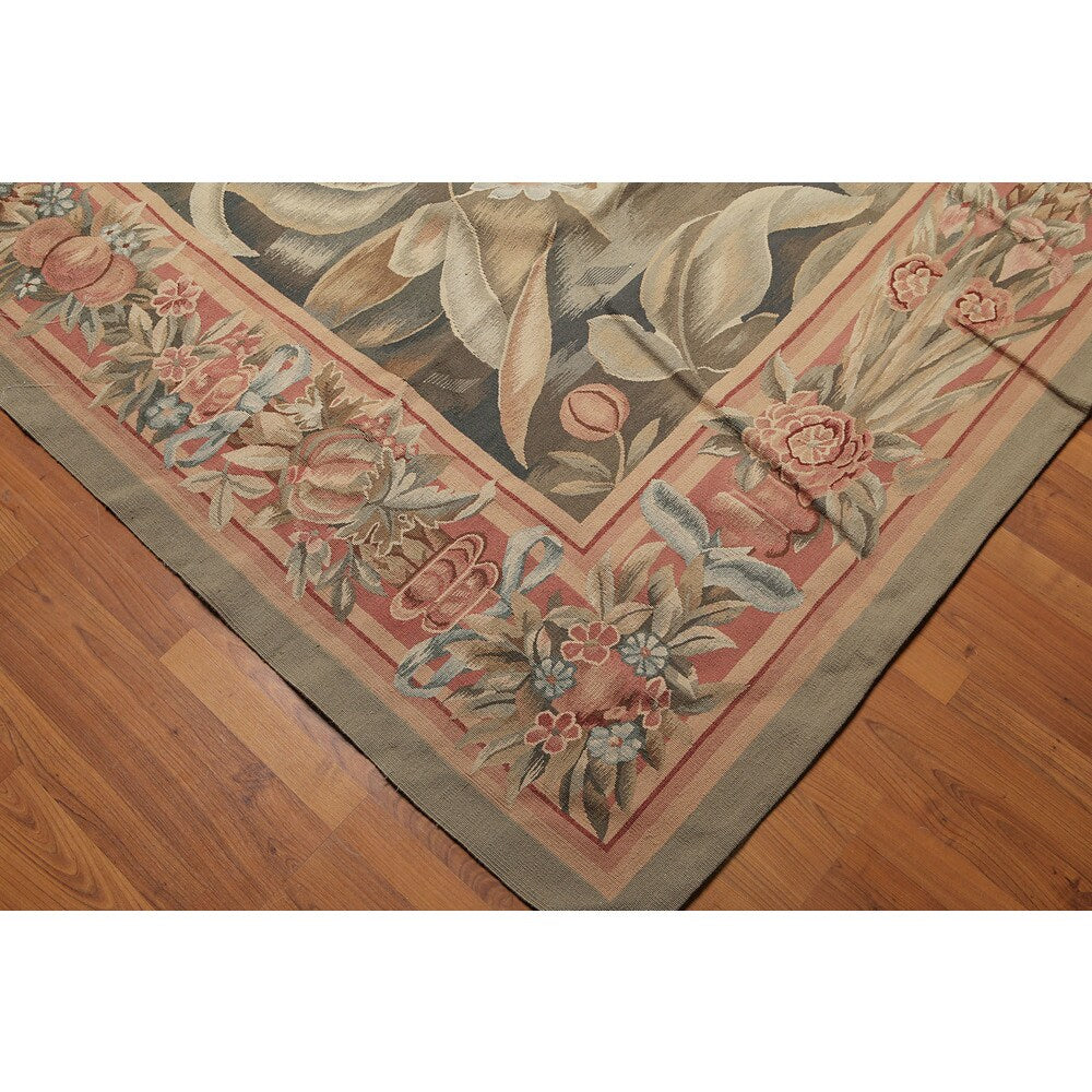 Classic Ornate Botanical Asmara Needlepoint Aubusson Rug - Olive/Tan - 10' x 14'