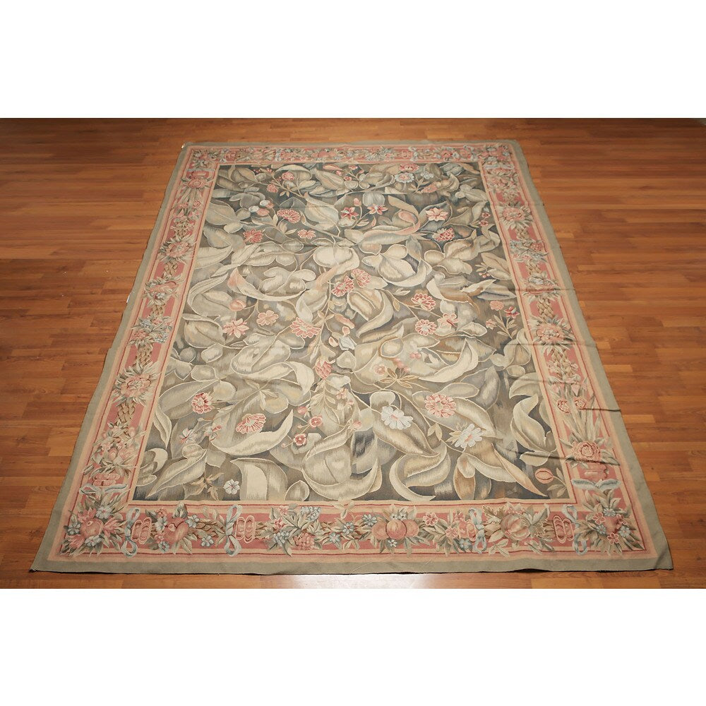 Classic Ornate Botanical Asmara Needlepoint Aubusson Rug - Olive/Tan - 10' x 14'