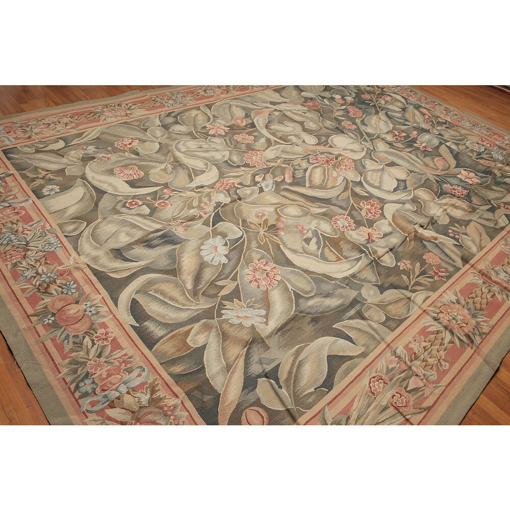 Classic Ornate Botanical Asmara Needlepoint Aubusson Rug - Olive/Tan - 10' x 14'