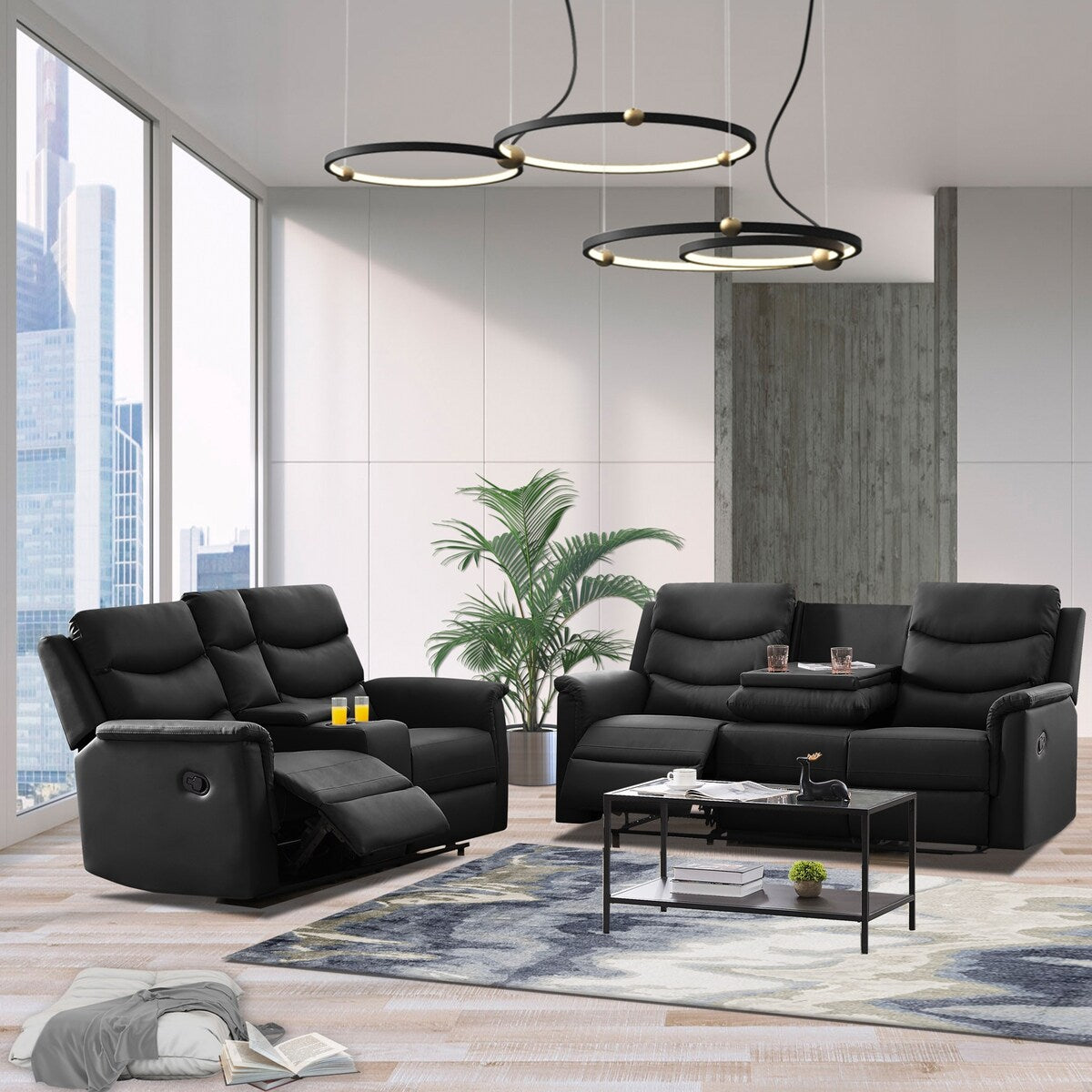 Classic PU Leather Reclining Sofa Couch, Loveseat and 3-seater Sofa, with Cup Holders, Black