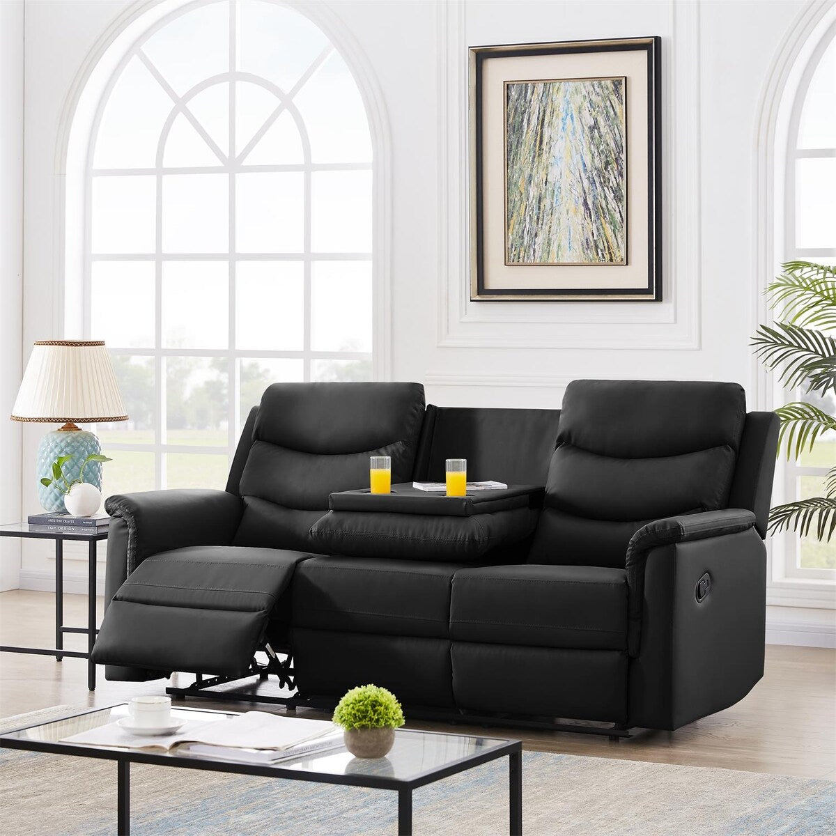 Classic PU Leather Reclining Sofa Couch, Loveseat and 3-seater Sofa, with Cup Holders, Black