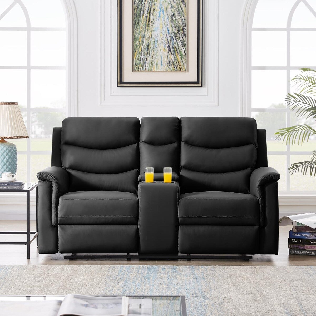Classic PU Leather Reclining Sofa Couch, Loveseat and 3-seater Sofa, with Cup Holders, Black