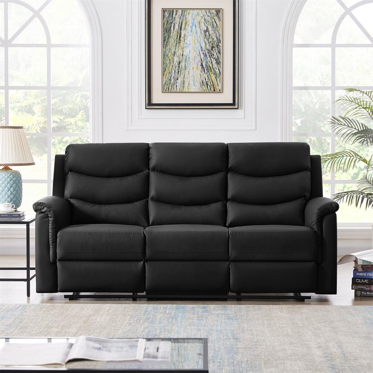 Classic PU Leather Reclining Sofa Couch, Loveseat and 3-seater Sofa, with Cup Holders, Black