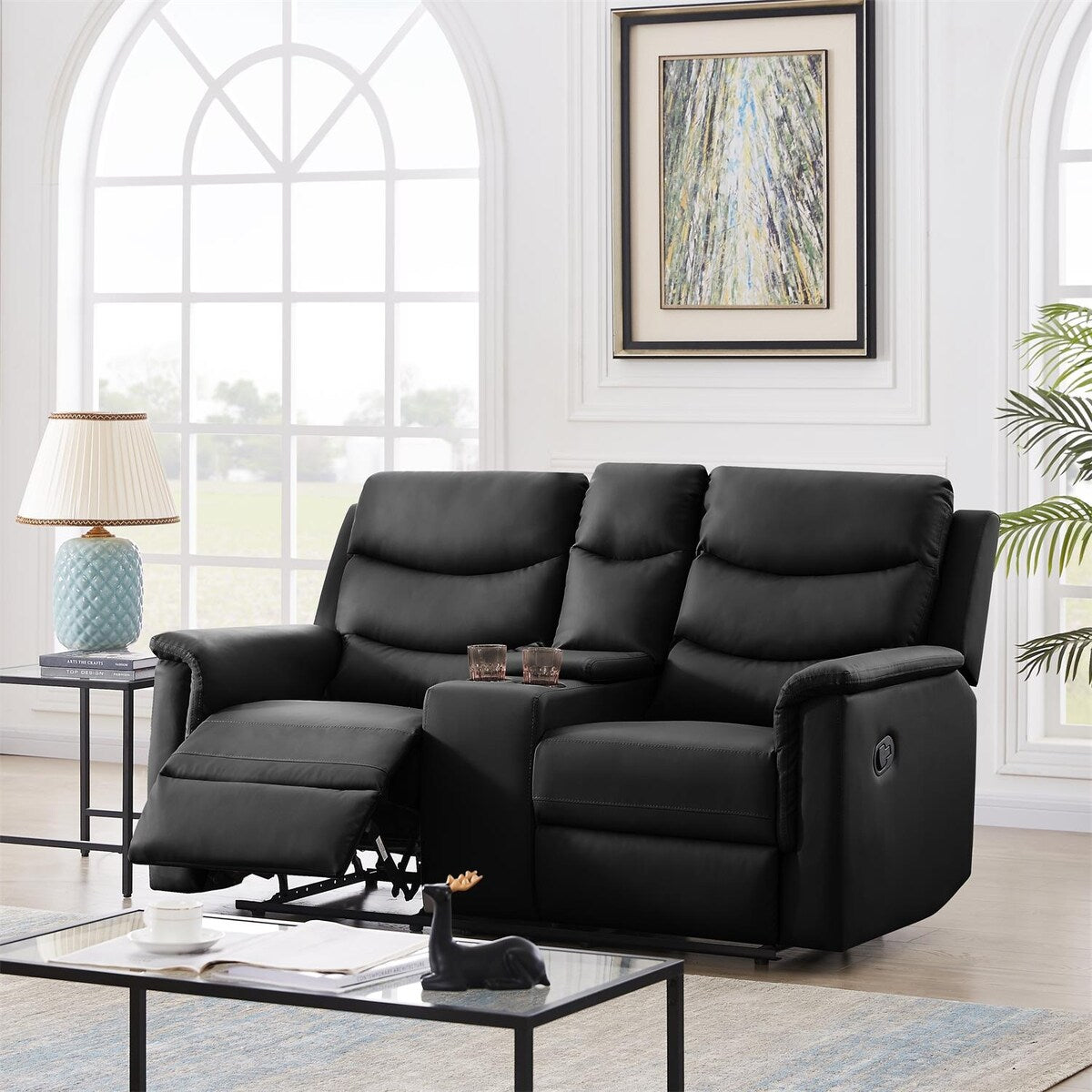 Classic PU Leather Reclining Sofa Couch, Loveseat and 3-seater Sofa, with Cup Holders, Black