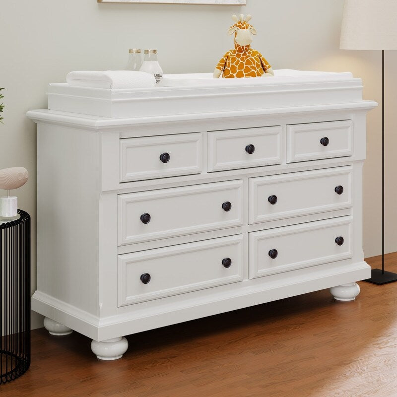 Classic Solid Wood 7-Drawers Dresser with Changing Topper, for Bedroom