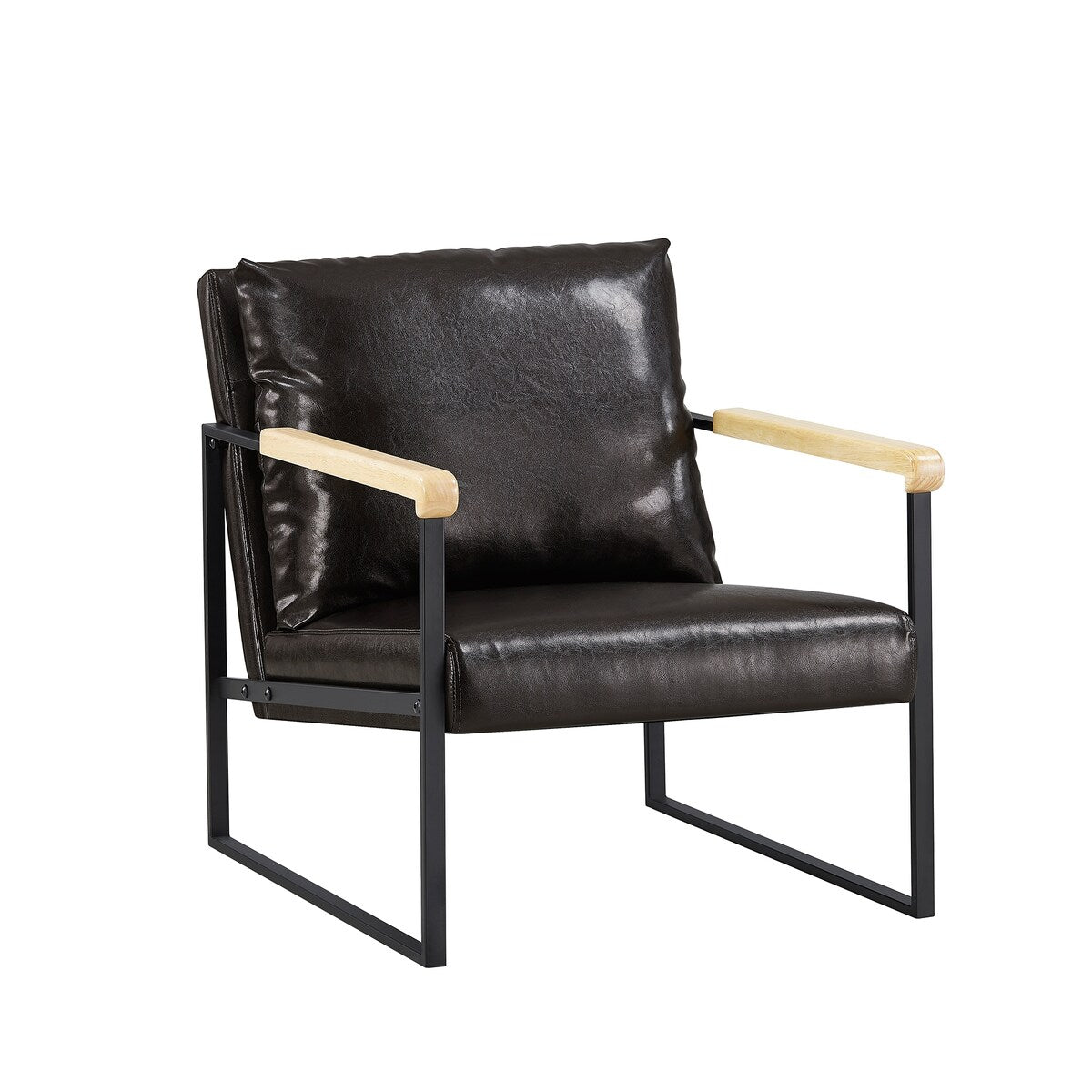 Classic Style Faux Leather PU Upholstery Arm Chairs Living Room Accent Chair with Metal Frame and Wood Arms Support