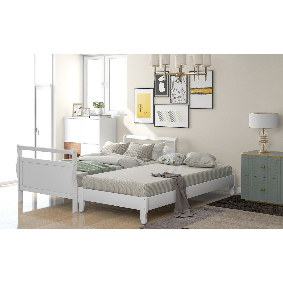 Classic Style Pine Wood Collapsible Platform Bed with 1 Under-bed Trundle, Twin, White