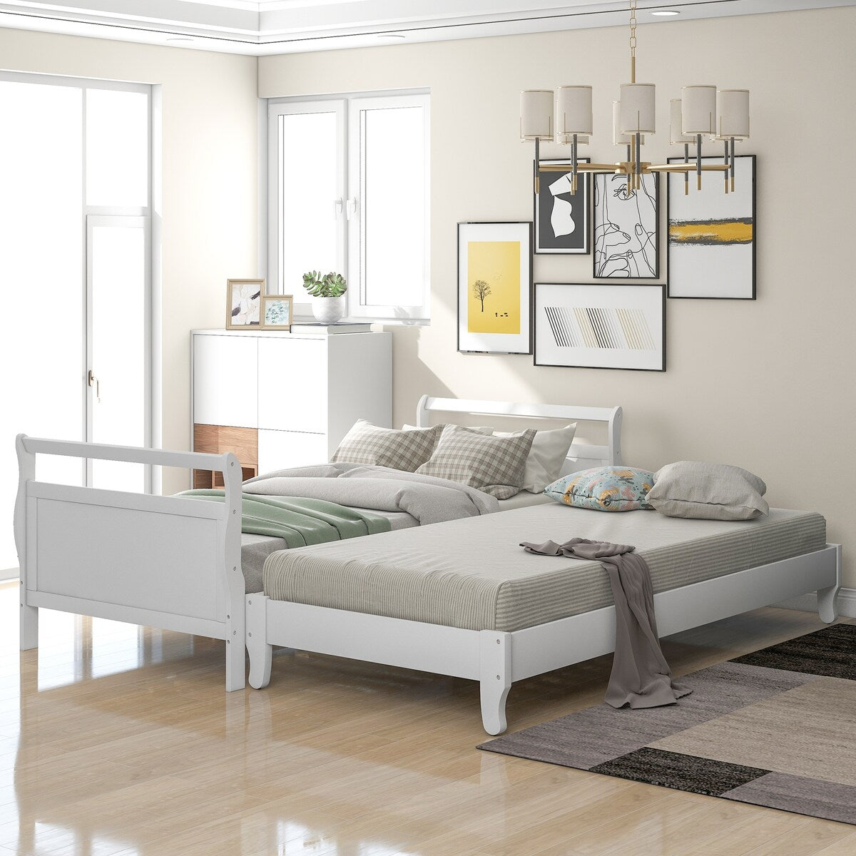 Classic Style Pine Wood Collapsible Platform Bed with 1 Under-bed Trundle, Twin, White