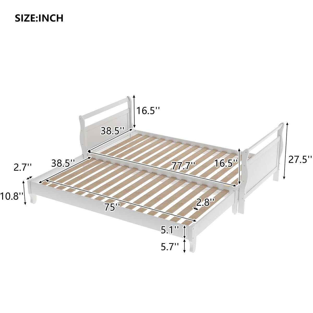 Classic Style Pine Wood Collapsible Platform Bed with 1 Under-bed Trundle, Twin, White