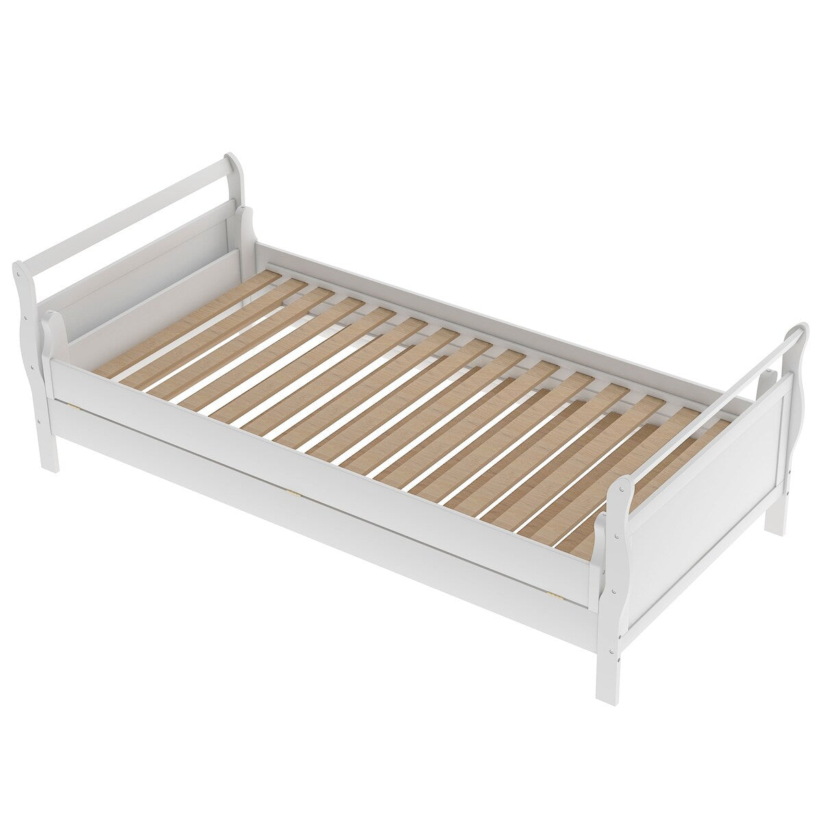 Classic Style Pine Wood Collapsible Platform Bed with 1 Under-bed Trundle, Twin, White