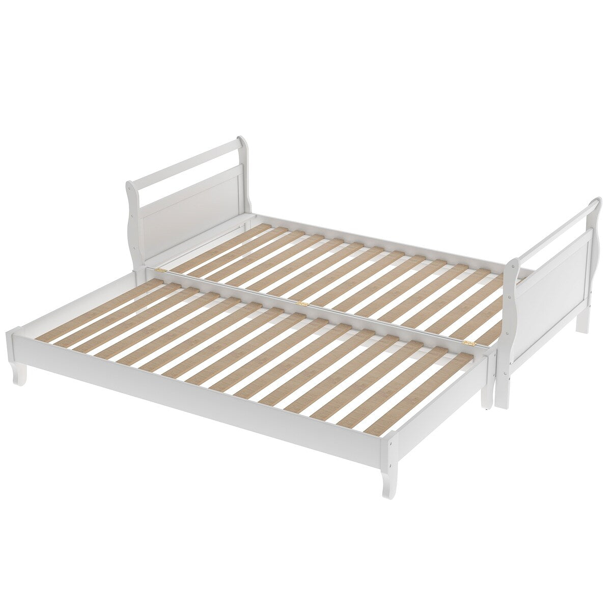 Classic Style Pine Wood Collapsible Platform Bed with 1 Under-bed Trundle, Twin, White