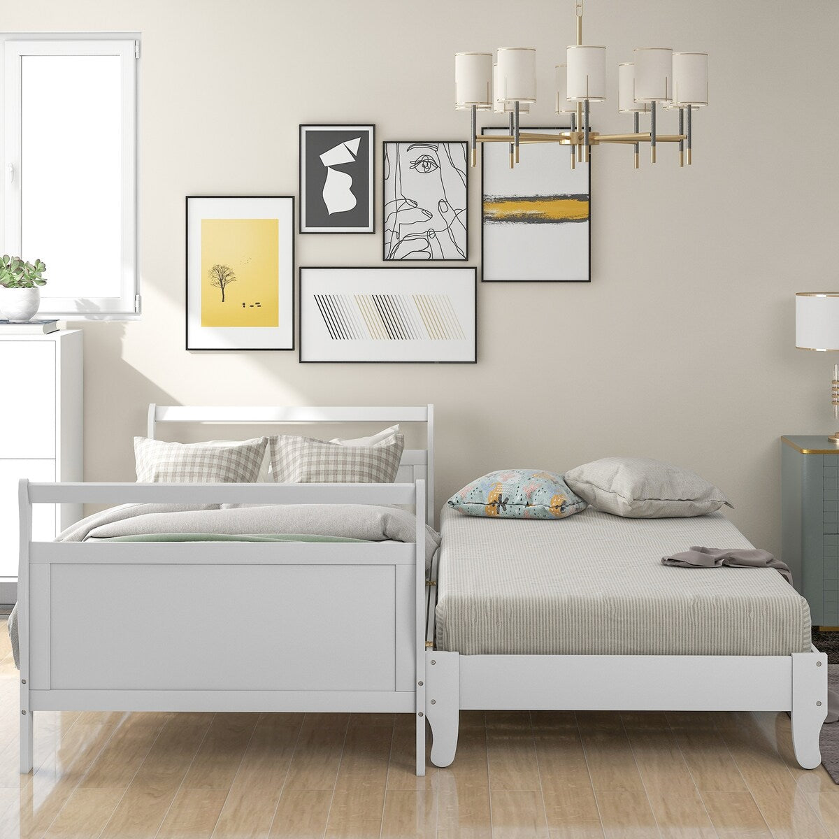 Classic Style Pine Wood Collapsible Platform Bed with 1 Under-bed Trundle, Twin, White